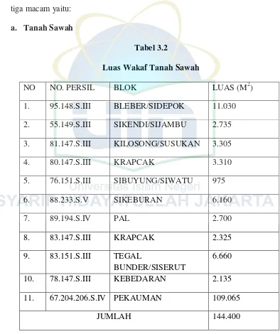 Tabel 3.2 Luas Wakaf Tanah Sawah 