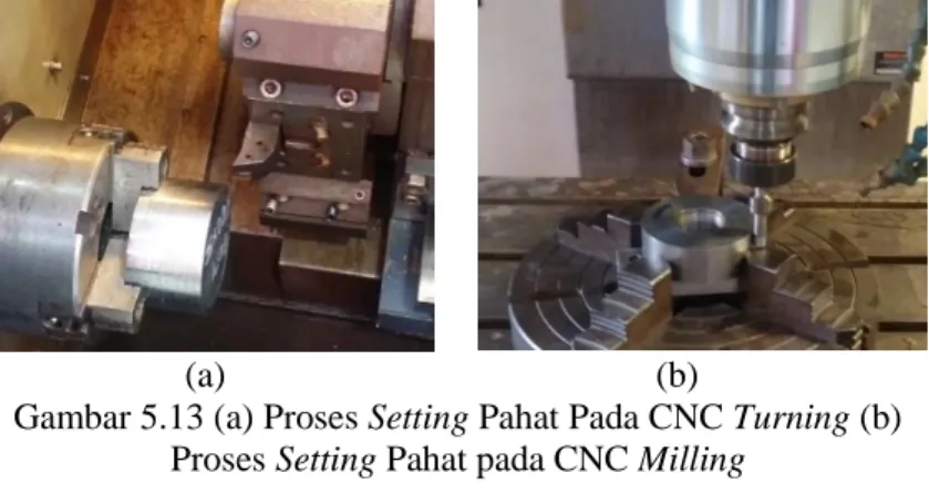 Gambar 5.13 (a) Proses Setting Pahat Pada CNC Turning (b)  Proses Setting Pahat pada CNC Milling 