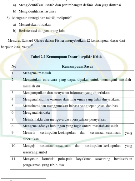 Tabel 2.2 Kemampuan Dasar berpikir Kritis 