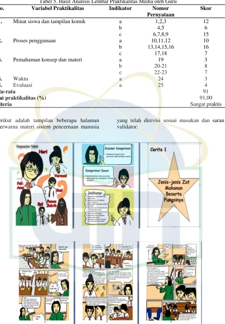 Tabel 5. Hasil Analisis Lembar Praktikalitas Media oleh Guru Variabel Praktikalitas 