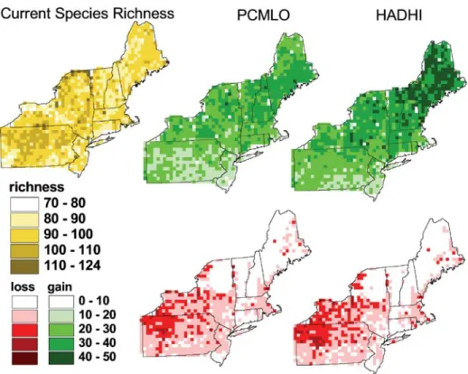 Fig. 1 Projected gains and losses of bird species richness across the northeastern USA under the Hadley Center coupled model high emissions scenario (HADHI) and the parallel climate model low emissions scenario (PCMLO; see text for details) relative to cur