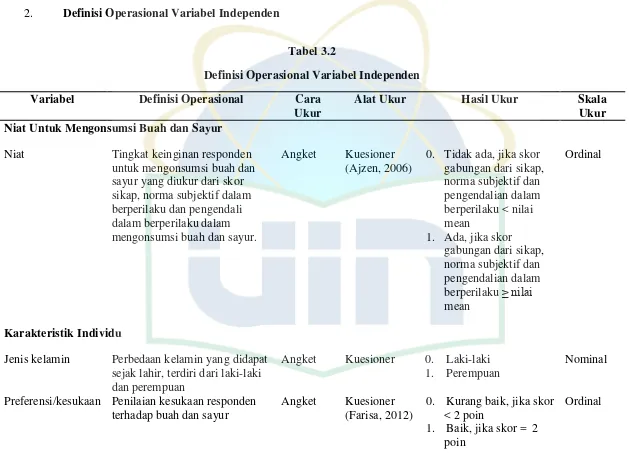 Tabel 3.2 Definisi Operasional Variabel Independen 