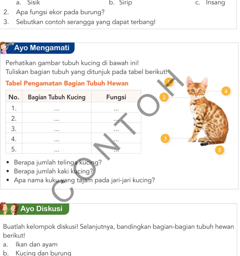 Tabel Pengamatan Bagian Tubuh Hewan No. Bagian Tubuh Kucing Fungsi