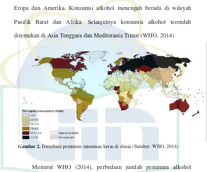 Gambar 2. Distribusi peminum minuman keras di dunia (Sumber: WHO, 2014) 