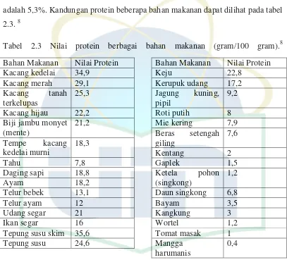 Tabel 2.3 Nilai protein berbagai bahan makanan (gram/100 gram).8