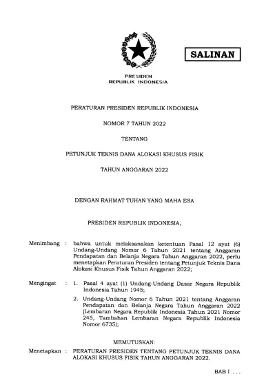 PERATURAN TENTANG PETUNJUK TEKNIS DANA ALOKASI KHUSUS FISIK TAHUN ...