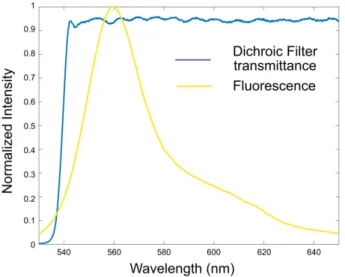 Figure 2.4: Fluorescence spectrum of cytometry bead and dichroic mirror transmission spectrum.