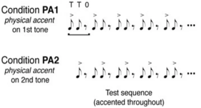 Figure 1. Experiment paradigm. Two conditions (PA1: accented tone – tone – rest; PA2: tone – accented tone – rest) were presented to subjects