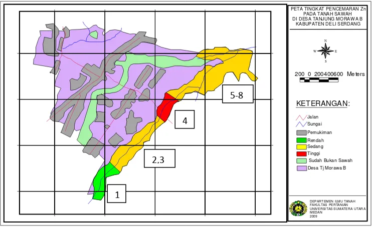 Figure 4. Map of Contamination Rate of  Zn in Rice Paddy Soil in Tanjung Morawa B Village Tanjung Morawa Subdistric, District of Deli Serdang 