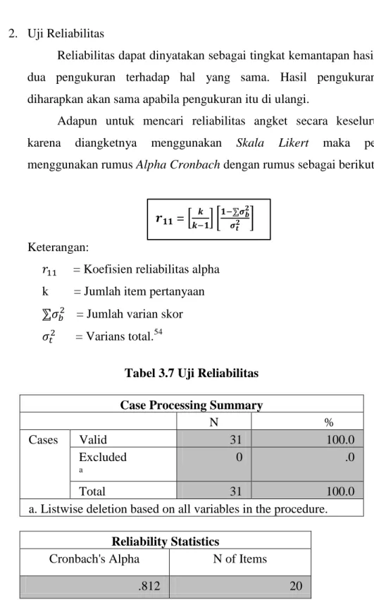 Tabel 3.7 Uji Reliabilitas  Case Processing Summary 