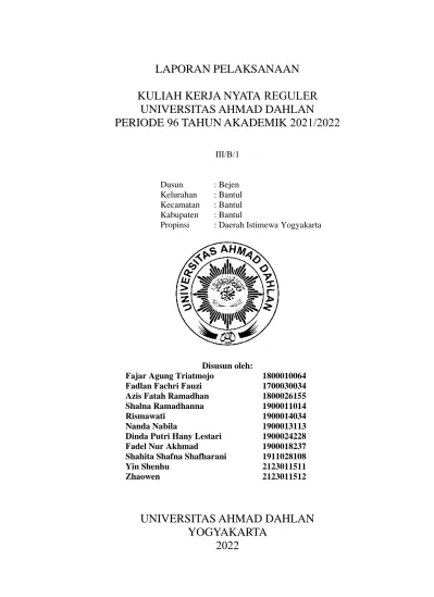 LAPORAN PELAKSANAAN KULIAH KERJA NYATA REGULER UNIVERSITAS AHMAD DAHLAN ...