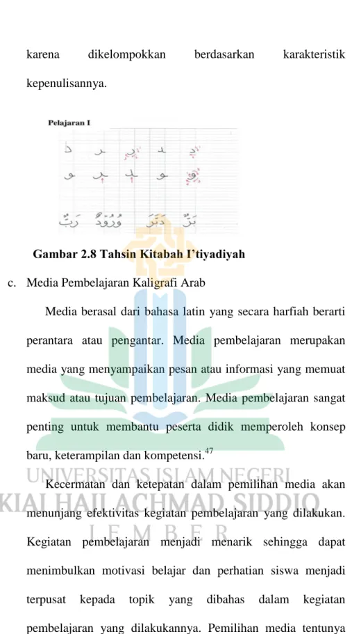 Gambar 2.8 Tahsin Kitabah I’tiyadiyah  c.  Media Pembelajaran Kaligrafi Arab 