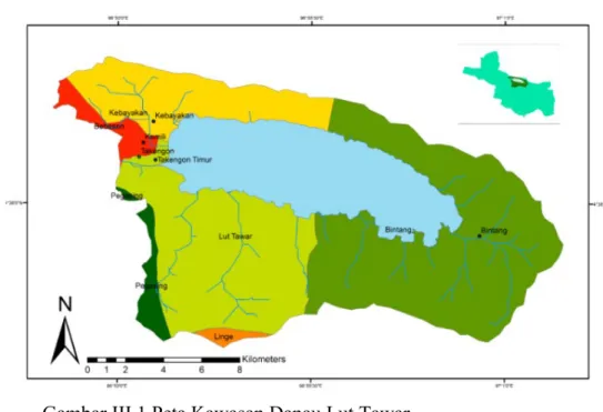 Gambar III 1 Peta Kawasan Danau Lut Tawar (Sumber: Bappeda Kab. Aceh Tengah, 2019) Tabel III 1 Kepadatan dan Persebaran Penduduk Menurut  Kecamatan