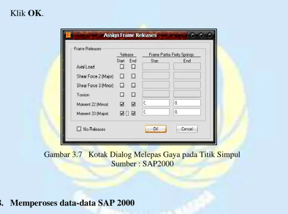 Gambar 3.7   Kotak Dialog Melepas Gaya pada Titik Simpul  Sumber : SAP2000 