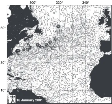 Fig. 3.1 Sea surface elevation ±30 cms of the North Atlantic Ocean, to demonstrate where mesoscale eddy activity is most intense, and where the major frontal regions occur in this ocean: the data are from TOPEX/POSEIDON radar altimeter data.