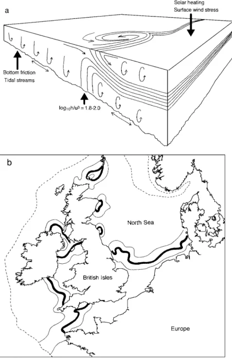 Fig. 3.4 (a) The structure and circulation within a convergent, prograde tidal front showing how bottom friction in tidal streams may overturn the pycnocline of offshore water to form a front between tidally mixed and stratified water where the critical va