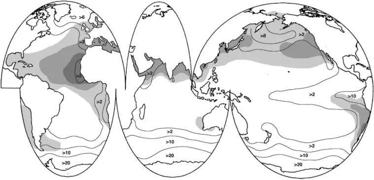 Fig. 5.1 The lack of coherence between patterns of mean annual surface nitrate, shown as isolines from 2 to 10M, and of the deposition of dust at the sea surface rendered as shading at three levels of intensity