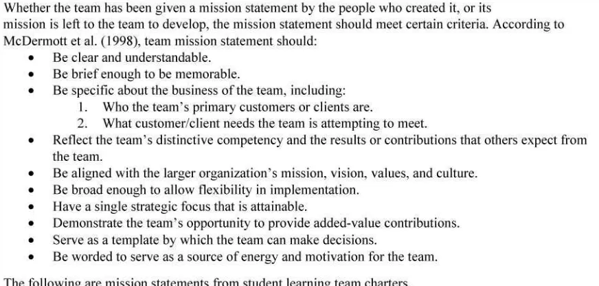 FIGURE 2Team mission statements: Criteria and examples.