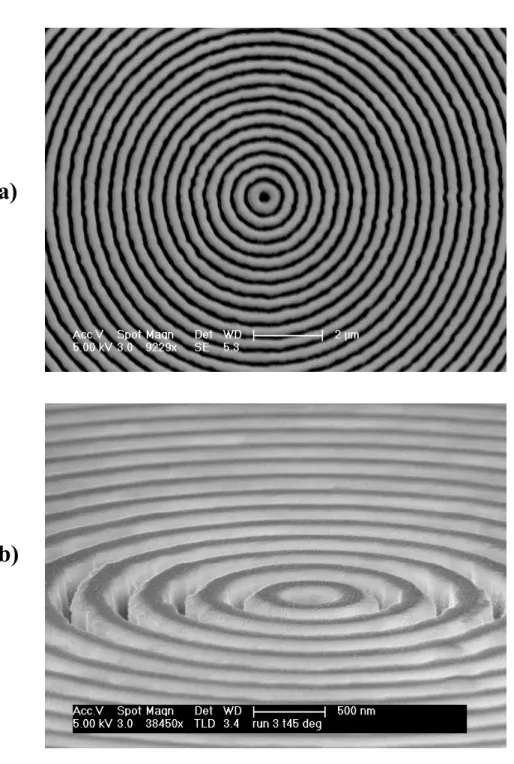 Figure 3.9: SEM images of (a) the top view and (b) the angled view of SiO 2  mold. 