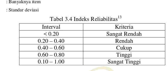 Tabel 3.4 Indeks Reliabilitas13 