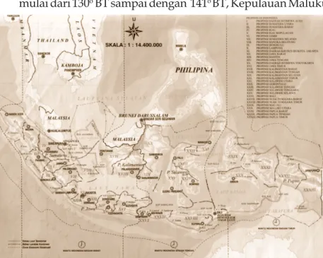 Gambar 1.1 Peta Indonesia berdasarkan pembagian waktu (Sumber: Atlas Indonesia dan Dunia )