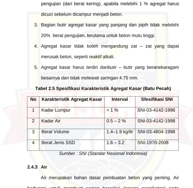 Tabel 2.5 Spesifikasi Karakteristik Agregat Kasar (Batu Pecah)  No  Karakteristik Agregat Kasar  Interval  Sfesifikasi SNI 
