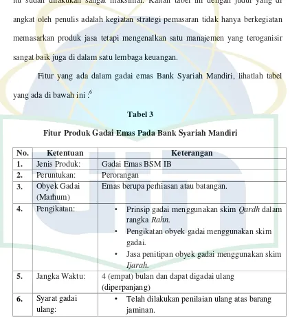 Tabel 3Fitur Produk Gadai Emas Pada Bank Syariah Mandiri