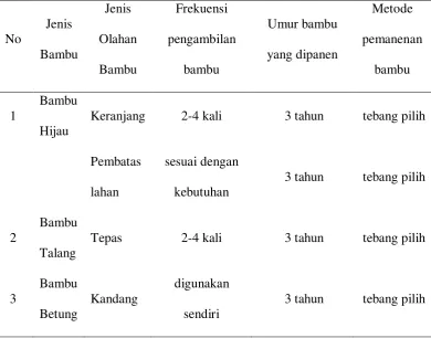 Tabel 2. Jenis olahan bambu, frekuensi pengambilan, umur bambu saat dipanen 