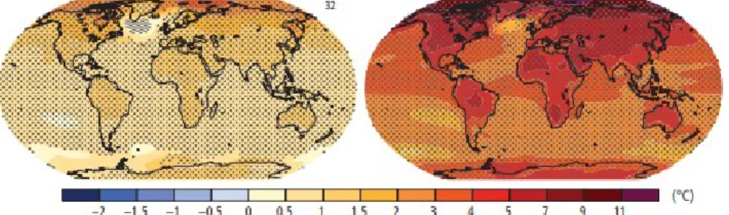 Ilustrasi 4.3 Perubahan suhu permukaan bumi pada tahun 1986-2005 (kiri) dan tahun 2081-2100 (kanan)