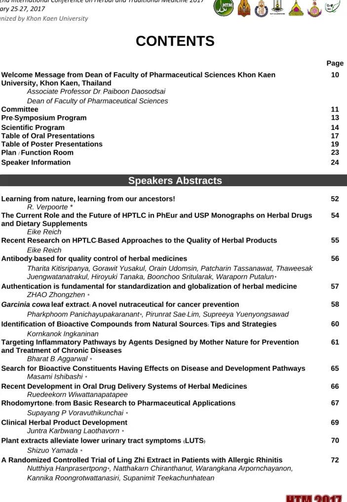 Table of Oral Presentations 17