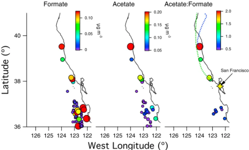 Figure 12. Spatial maps of cloud water species measured during the E-PEACE campaign. Markers are colored and sized by the air equivalent concentration, which is a concentration measure normalized by the cloud liquid water content.