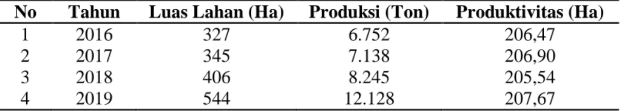 Tabel 1. Luas Lahan, Produksi, dan Produktivitas Semangka 2016-2019 di      Kabupaten Langkat 