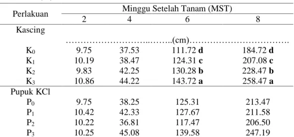 Tabel 1. Tinggi Tanaman dengan  Perlakuan Kascing dan Pupuk KCl pada Umur  2, 4, 6 dan 8 MST 