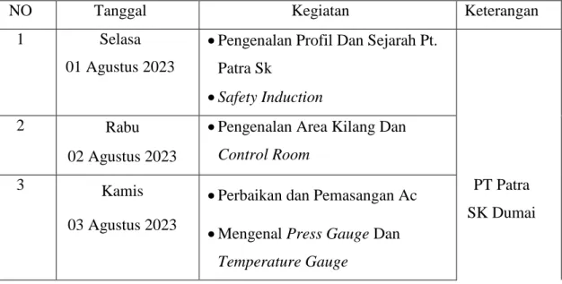 Tabel 2. 1 Kegiatan Pada Minggu Pertama 