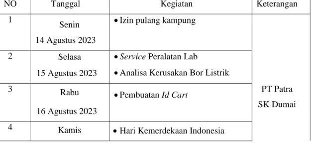 Tabel 2. 3 Kegiatan Pada Minggu KeTiga 
