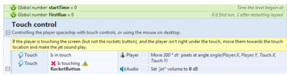 Gambar 3.8. Variabel, conditions, dan actions pada event sheet 