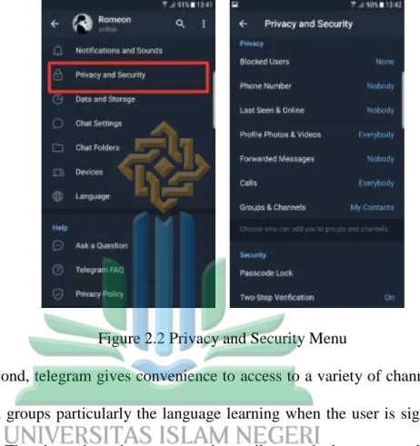 Figure 2.2 Privacy and Security Menu 