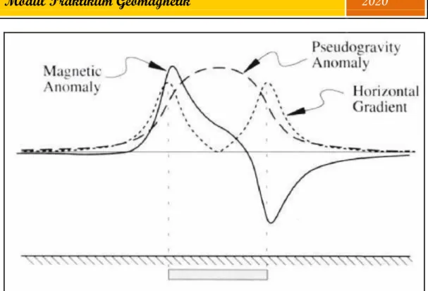 Gambar 2.20. Anomali magnetik, anomali pseudogravity, dan magnitudo gradien  horizontal pada tubuh medium tabular (Lyngsie, 2006) 