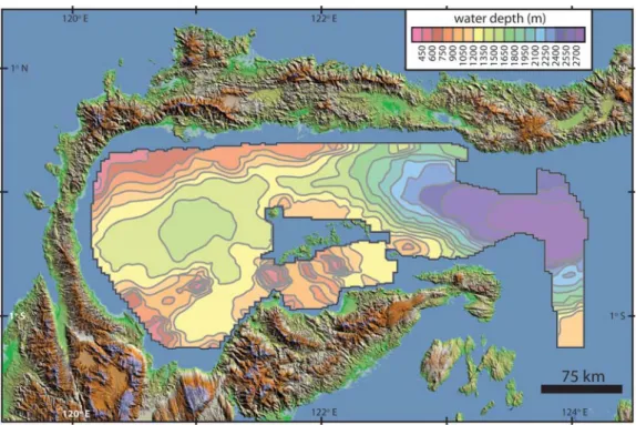 Fig. 8. Detailed bathymetry of Gorontalo Bay, modified from Jablonski et al. (2007). Topography based on SRTM (Shuttle Radar Topographic Mission) data (courtesy of NASA, NGA &amp; USGS).