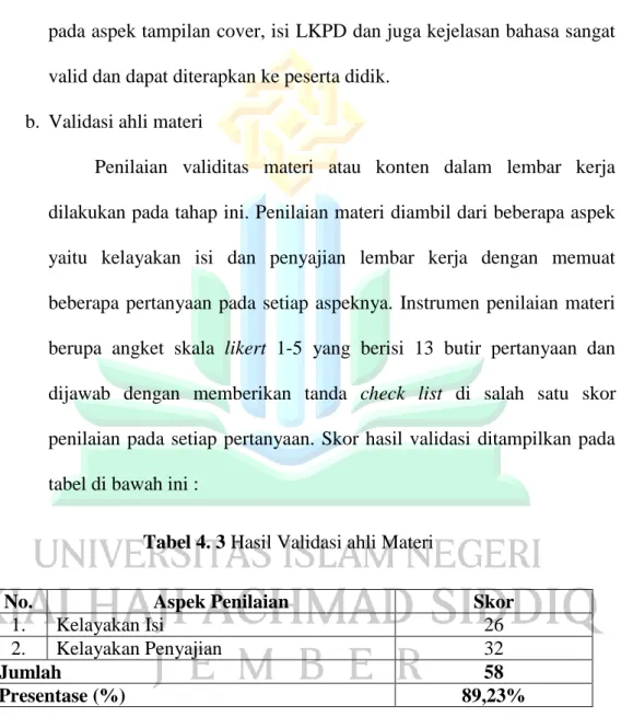Tabel 4. 3 Hasil Validasi ahli Materi 