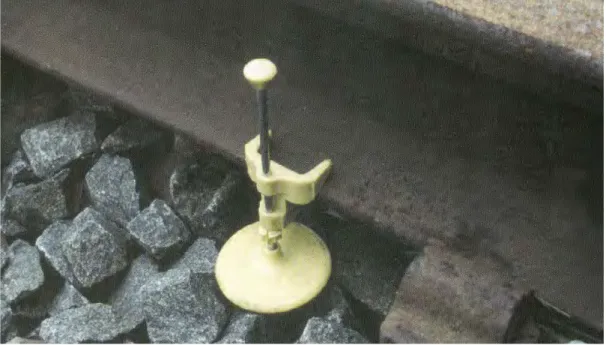 Figure 2.11 Showing Pell void meter fixed to bottom flange of the rail (Cope and Ellis  2001) 