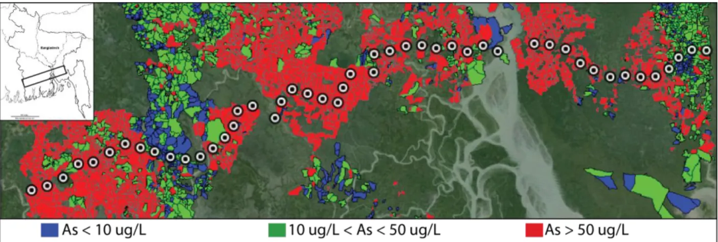 Figure 2. Transect G and BAMWSP data used in this study. Data is color coded by average As concentration  in each mouza