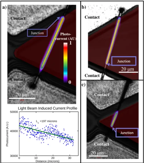 Figure 2.10: Light beam induced current measurements in false color overlaid on optical images of wires with axial junctions submerged in buffered hydrofluoric acid (BHF)