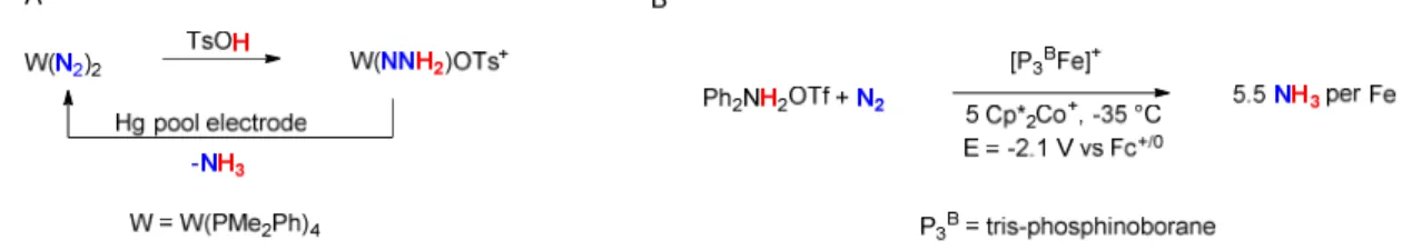 Figure 1.6: (A) Stoichiometric reduction of N 2  to ammonia by a tungsten complex at a Hg 