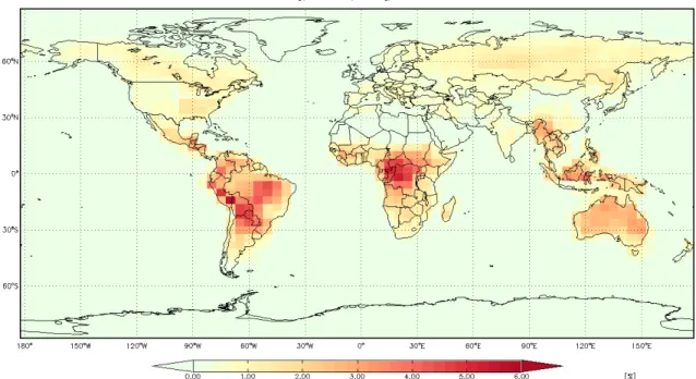 Figure 6. Annual-averaged OH mixing ratio difference for 2012 resulting from the revised 