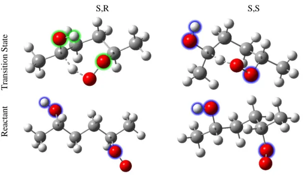 Figure 3. ωB97X-D/aug-cc-pVTZ optimized structures of the lowest energy conformers of  the reactant and transition state