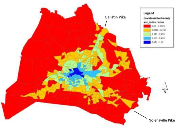 Figure 3: Transit accessibility throughout Nashville, measured using the number of available skill-appropriate jobs accessible by  transit