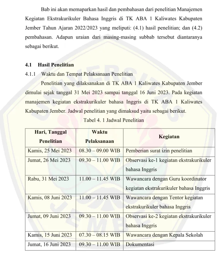 Tabel 4. 1 Jadwal Penelitian  Hari, Tanggal 
