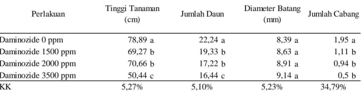 Tabel 3.   Tinggi tanaman, jumlah daun, diameter batang, dan jumlah cabang tanaman  kentang pada perlakuan konsenterasi daminozide 