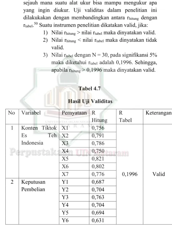 Tabel 4.7  Hasil Uji Validitas  No  Variabel  Pernyataan  R 